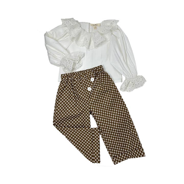 Girls white embroidery neck top and brown daisy-printed wide leg pants for wholesale by Koochické