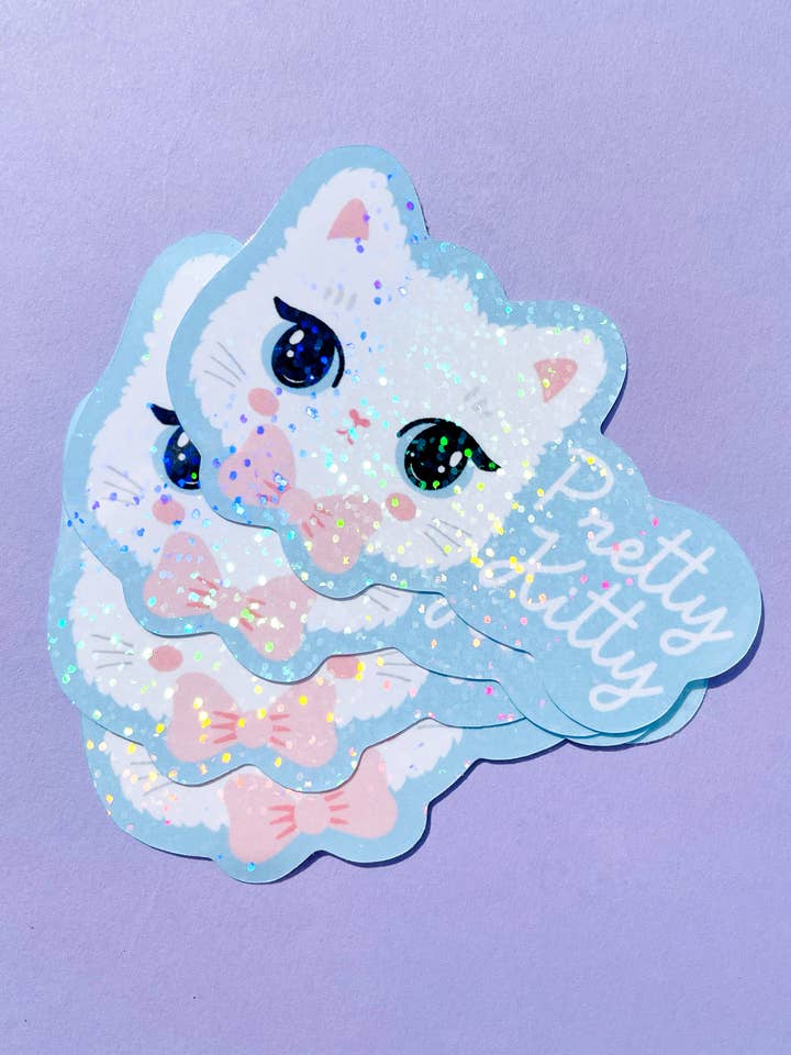 Pretty Kitty glitter vinyl sticker for wholesale by Paper Cat Club