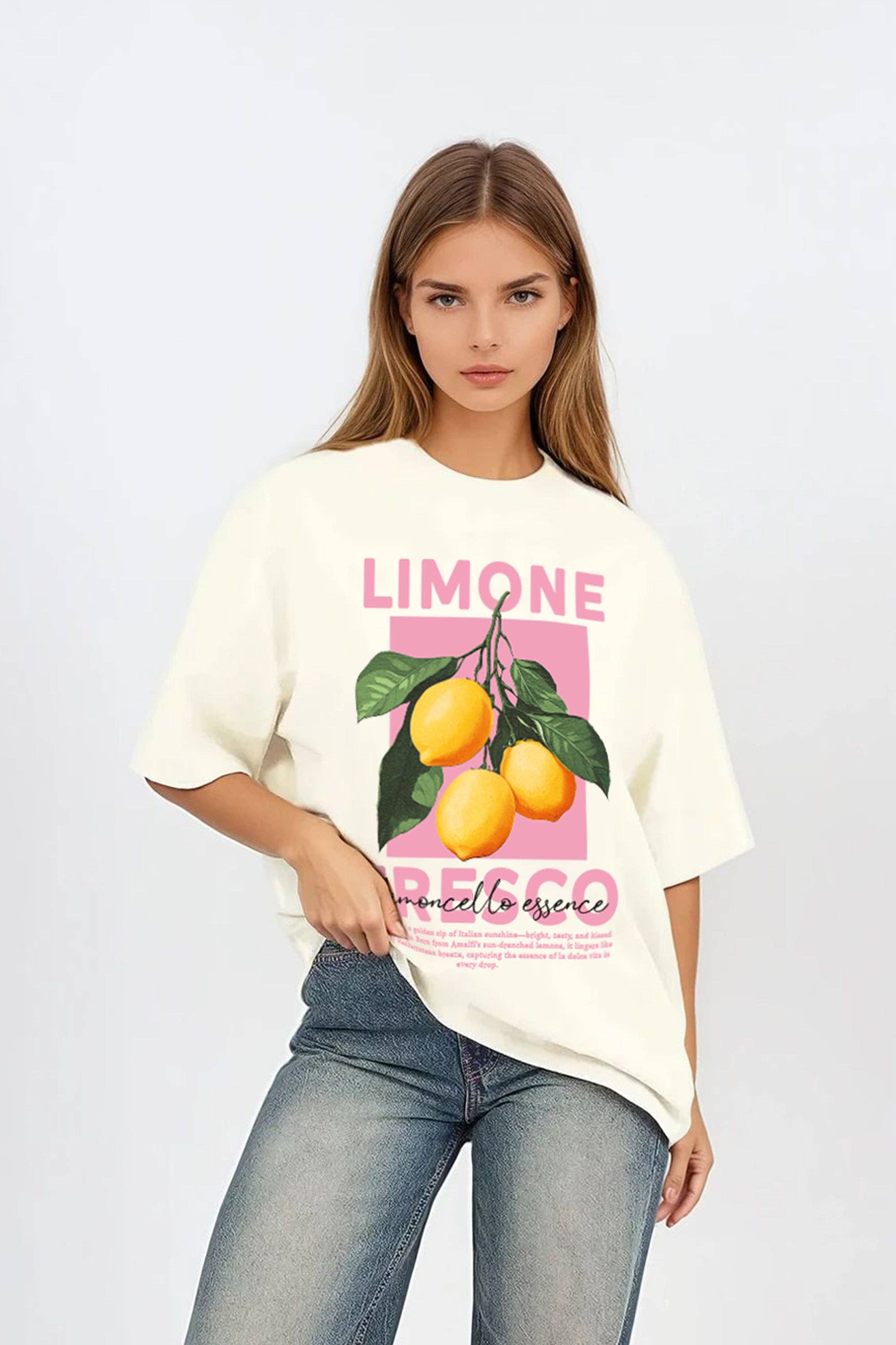 Missi Clothing – wholesale T-shirts med screentryck – Dam – Oversized t-shirt för dam i Limone Fresco citrondesign, 220 GSM2