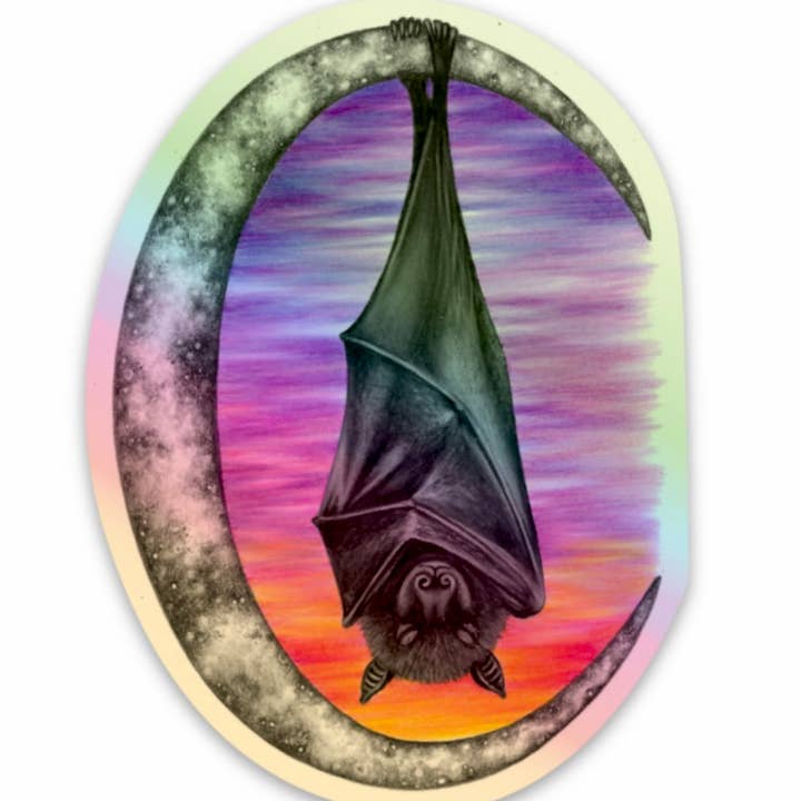 Halloween bat sleeping on crescent moon sticker for wholesale by Abundance Illustration