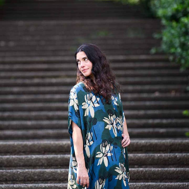 Ichcha - Vendita all'ingrosso Vestito - Donna - Abito a stampa blocchi indaco morbido e lussuoso caftano - WHITE LOTUS3