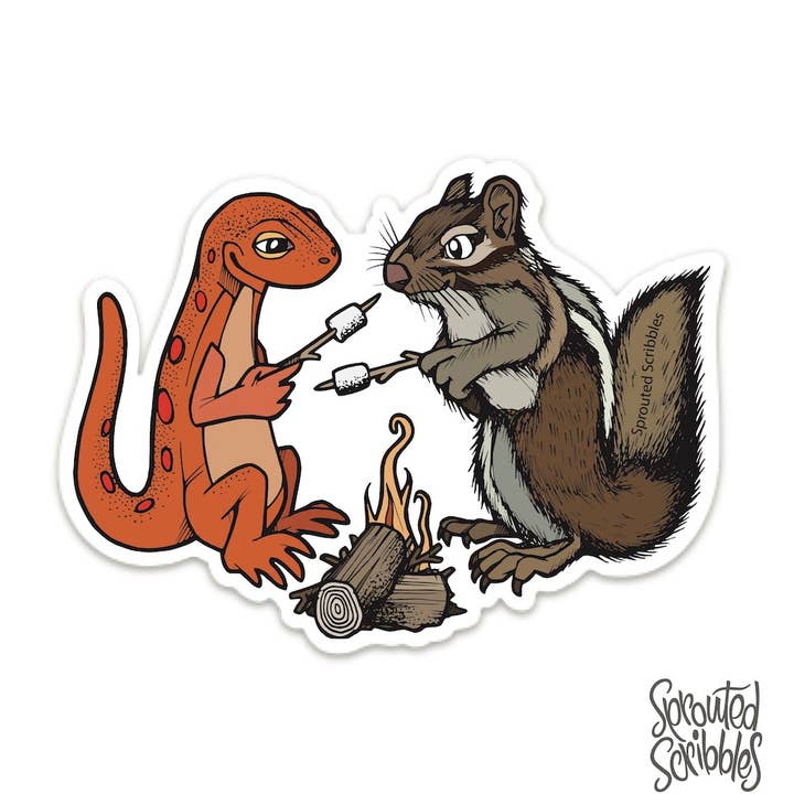 Camping Animals Sticker | Chipmunk and Salamander Campfire for wholesale by Sprouted Scribbles