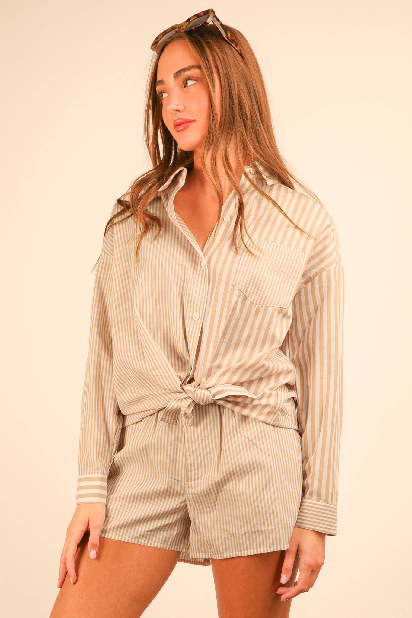 VERY J - Wholesale Lounge Set - Women's - NT12020SET-Striped Oversized Comfy Shirt Top & Shorts Set18