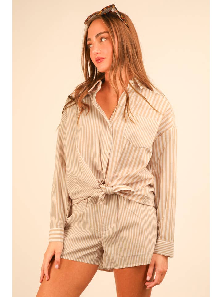 VERY J - Wholesale Lounge Set - Women's - NT12020SET-Striped Oversized Comfy Shirt Top & Shorts Set18