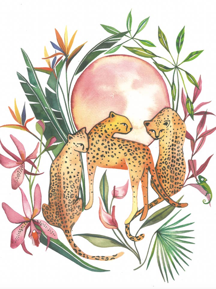 Rosa Cheetah Moon Akvarell Konsttryck för wholesale av McKella Jo