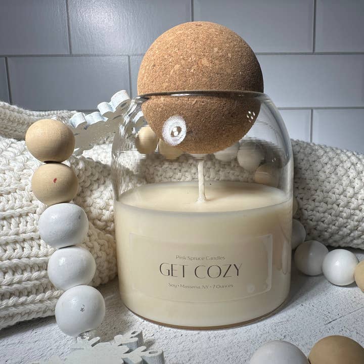 Pink Spruce - Wholesale Jar/filled candle - Hand poured Get Cozy cork ball top soy wax candle1