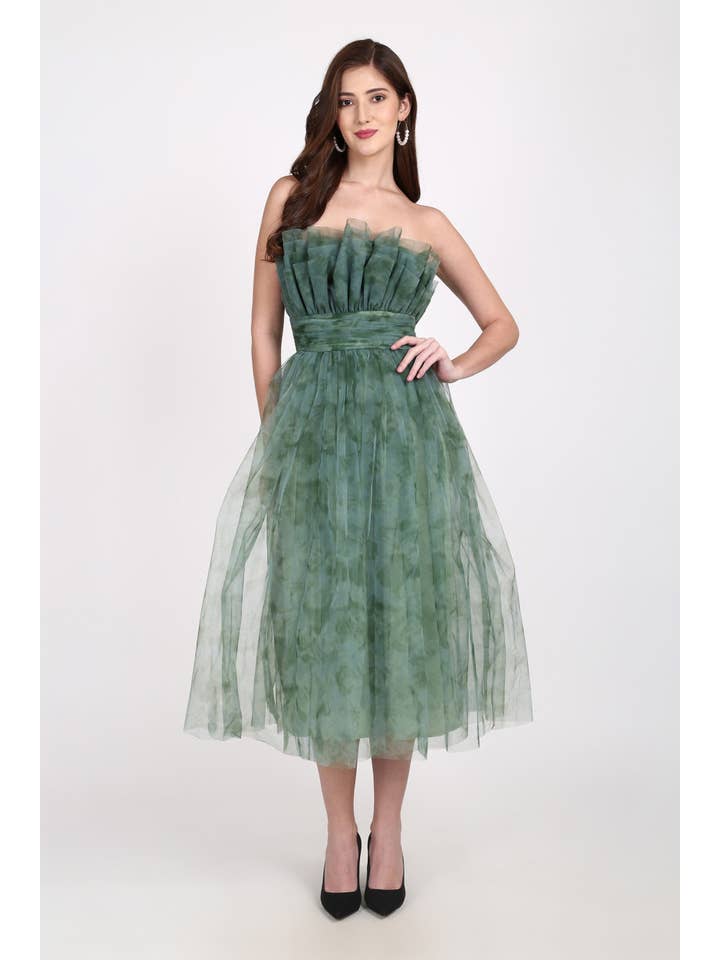 Veriry Tulle Midi Dress in Green Floral Print for wholesale on Faire