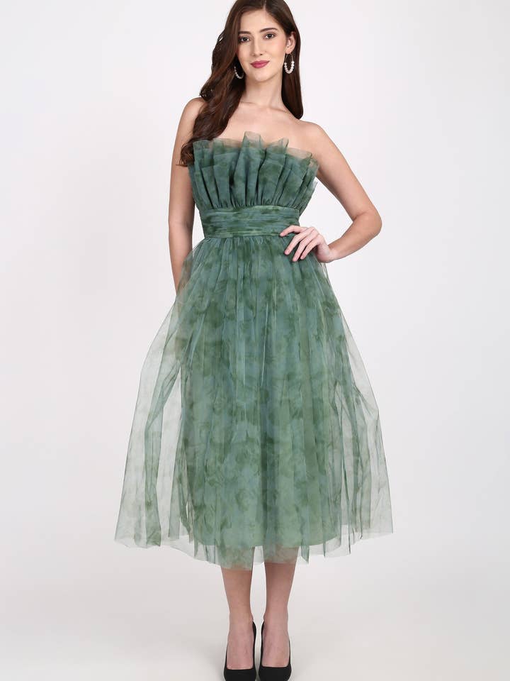 Veriry Tulle Midi Dress in Green Floral Print for wholesale by Lace & Beads