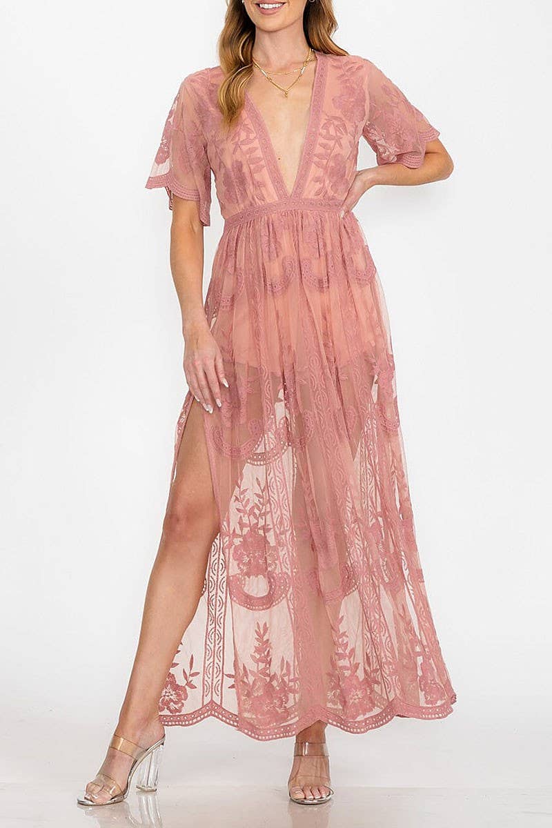 GINGER V NECK FULLY LACED MAXI DRESS WITH SLIT SIDE  for wholesale on Faire1