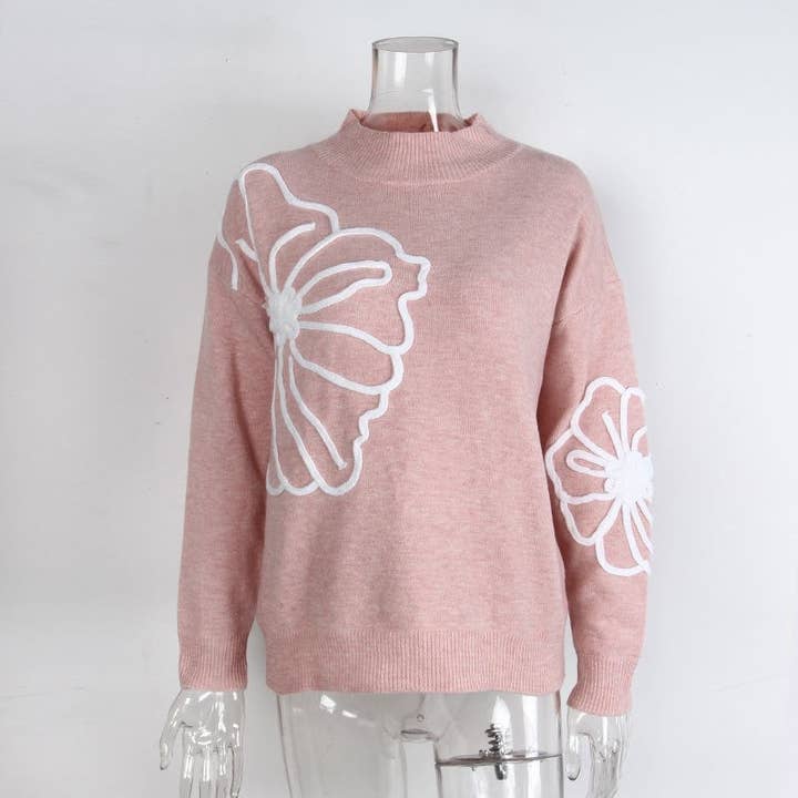 kycozy - Wholesale Knit Sweater - Women's - Embroidered 3D Flower High Neck Sweater3