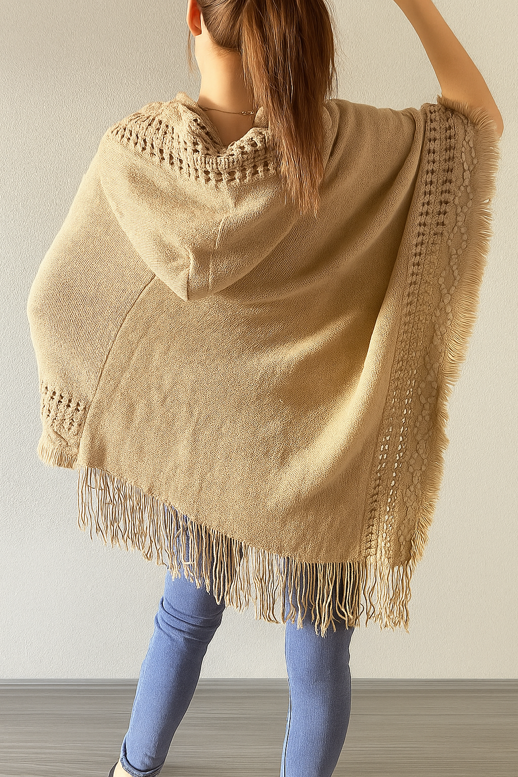 Fennco Styles - Wholesale Poncho - Women's - Knit Fringed Hooded Poncho3