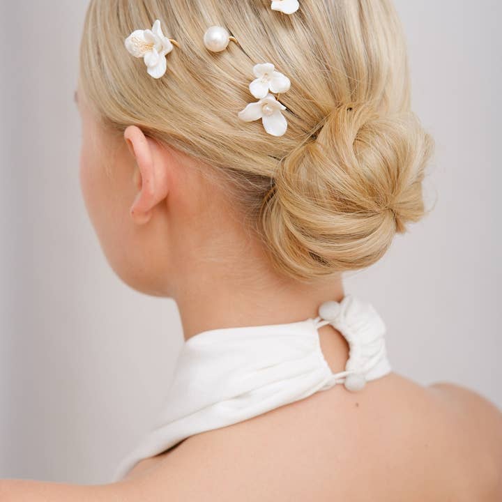 NELL // Ceramic floral and pearl wedding hair pins, gold wedding hair accessories, bridal hair pin, hair accessory, scatter hair pins for wholesale by Emilia Rae Jewellery