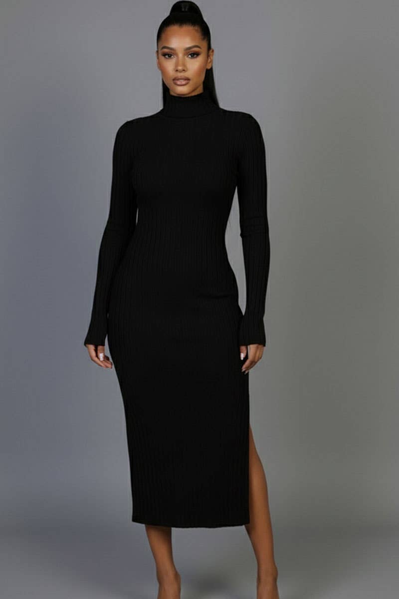 CAPELLA APPAREL - Wholesale Dress - Women's - Sweater-Knit Fuzzy Turtle Neck Split Thigh Dress3