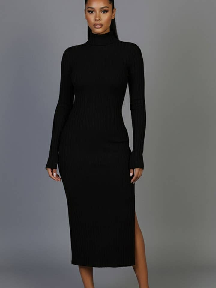 CAPELLA APPAREL - Wholesale Dress - Women's - Sweater-Knit Fuzzy Turtle Neck Split Thigh Dress3