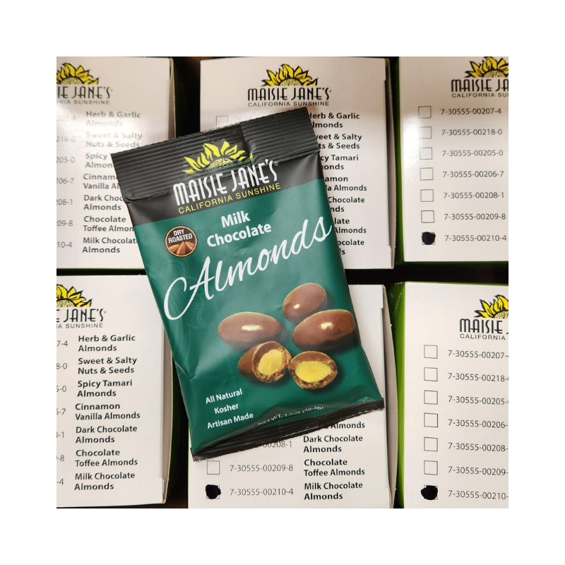 Maisie Jane’s - Wholesale Chocolate Covered Sweets - Milk Chocolate Almonds, Snack Pack, (36ct, 6/6POS) 1.7 oz.0