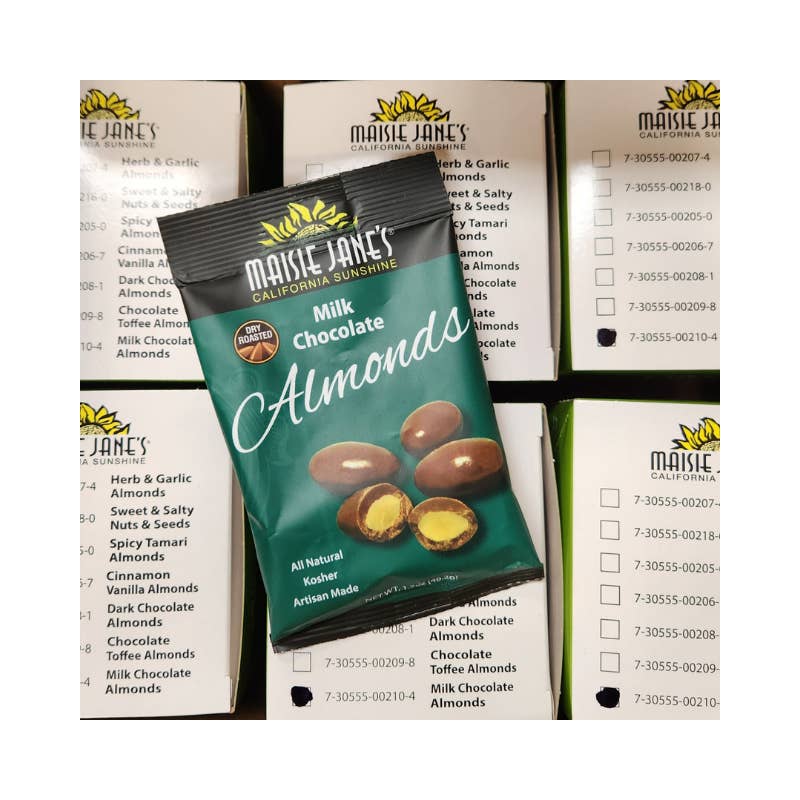 Maisie Jane’s - Wholesale Chocolate Covered Sweets - Milk Chocolate Almonds, Snack Pack, (36ct, 6/6POS) 1.7 oz.