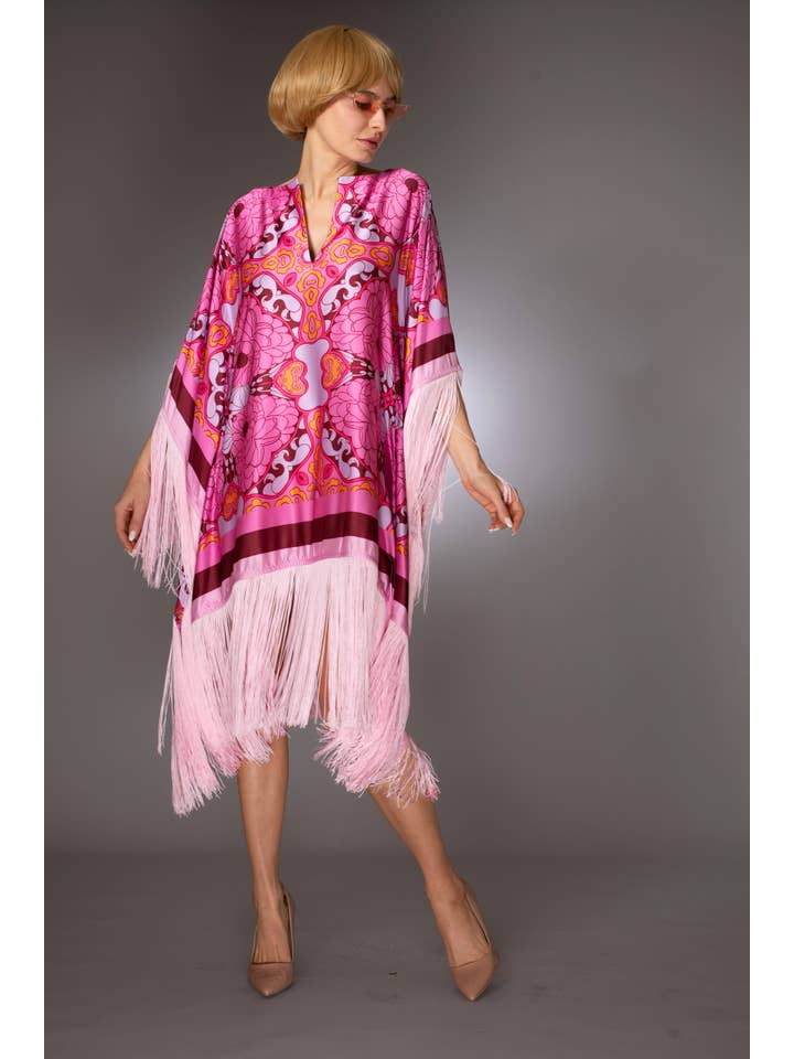 Pink Floral Fringed Satin Short Kaftan Dress for wholesale on Faire2