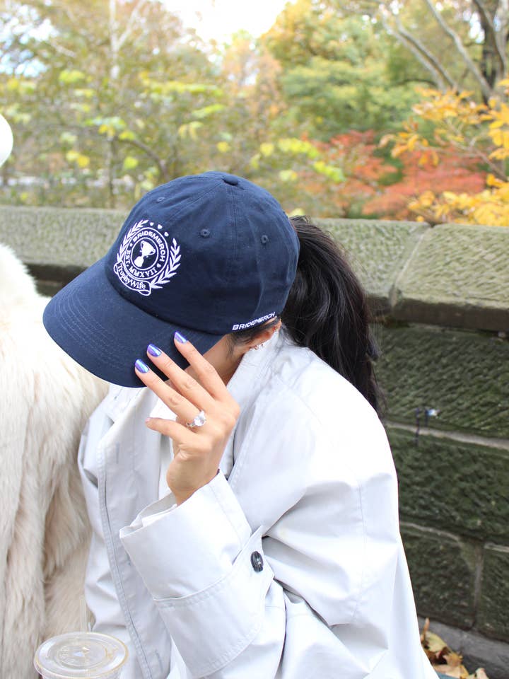 TROPHY WIFE CREST DAD HAT NAVY for wholesale by BRIDEMERCH