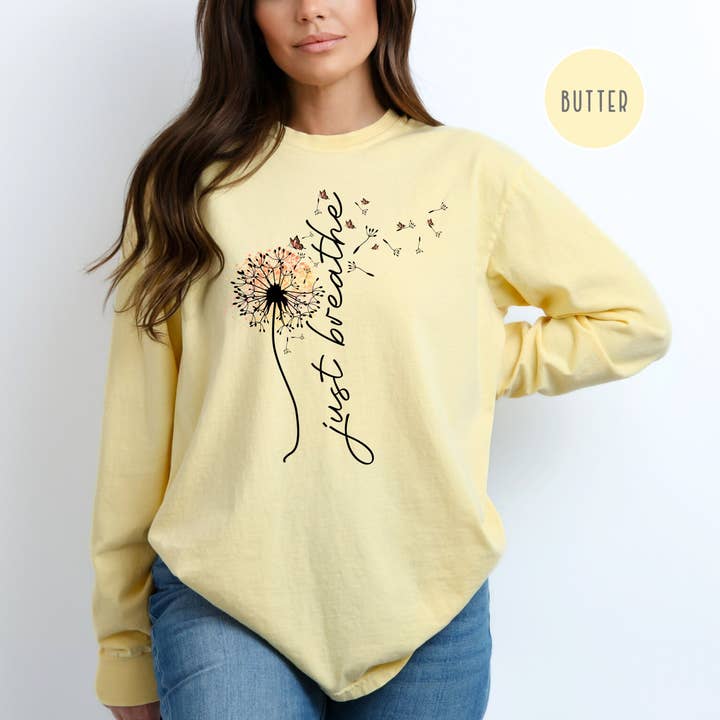 Just Breathe Blowing Dandelion Long Sleeve Comfort Colors for wholesale by CindyL Boutique