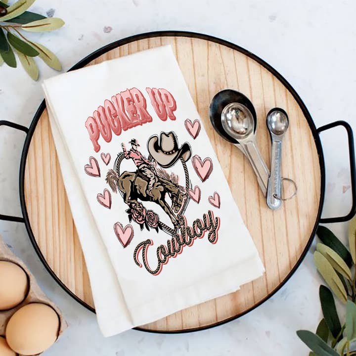Valentine Pucker Up Cowboy Western Flour Sack Tea Towel for wholesale by Avery Lane Gifts