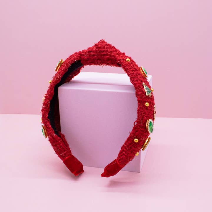 Frog Sac - Wholesale Fashion Headband - Kids - Embellished Christmas Knot Headband - Tweed Rhinestone Pearl