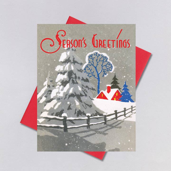 Red House & Blue Trees - Christmas Greeting Card for wholesale by Laughing Elephant