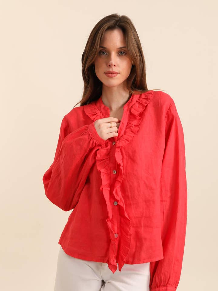 Camisa con cuello abotonado y detalles de volantes 100 % lino para venta al por mayor de NAÏS PARIS