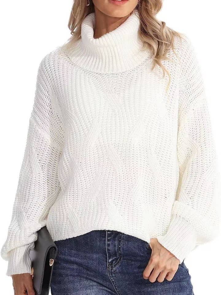 Simple turtleneck cable knit sweater for wholesale by Rosa Clothing