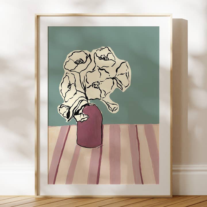 Striped Table Still Life Fine Art Print for wholesale by Emily M Art and Design