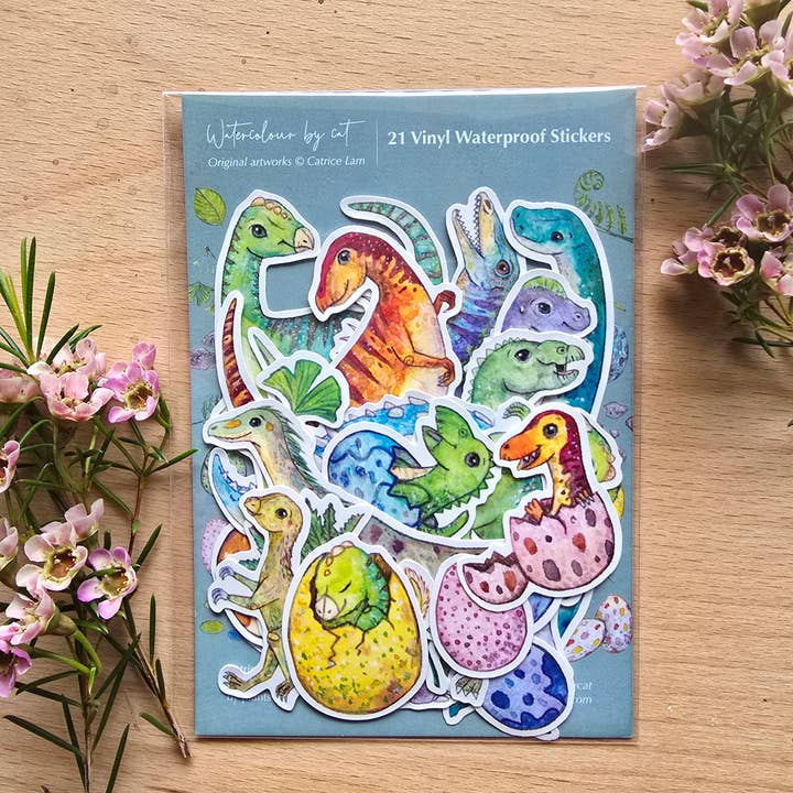 Australsk Dinosaur Vinyl Klistermærke Pakke – 21 stk for engroshandel hos Watercolour By Cat