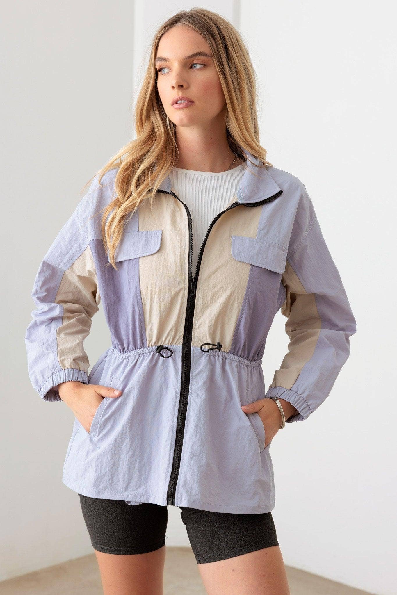Lavender Color Block Collared Wind Breaker Jacket for wholesale on Faire5