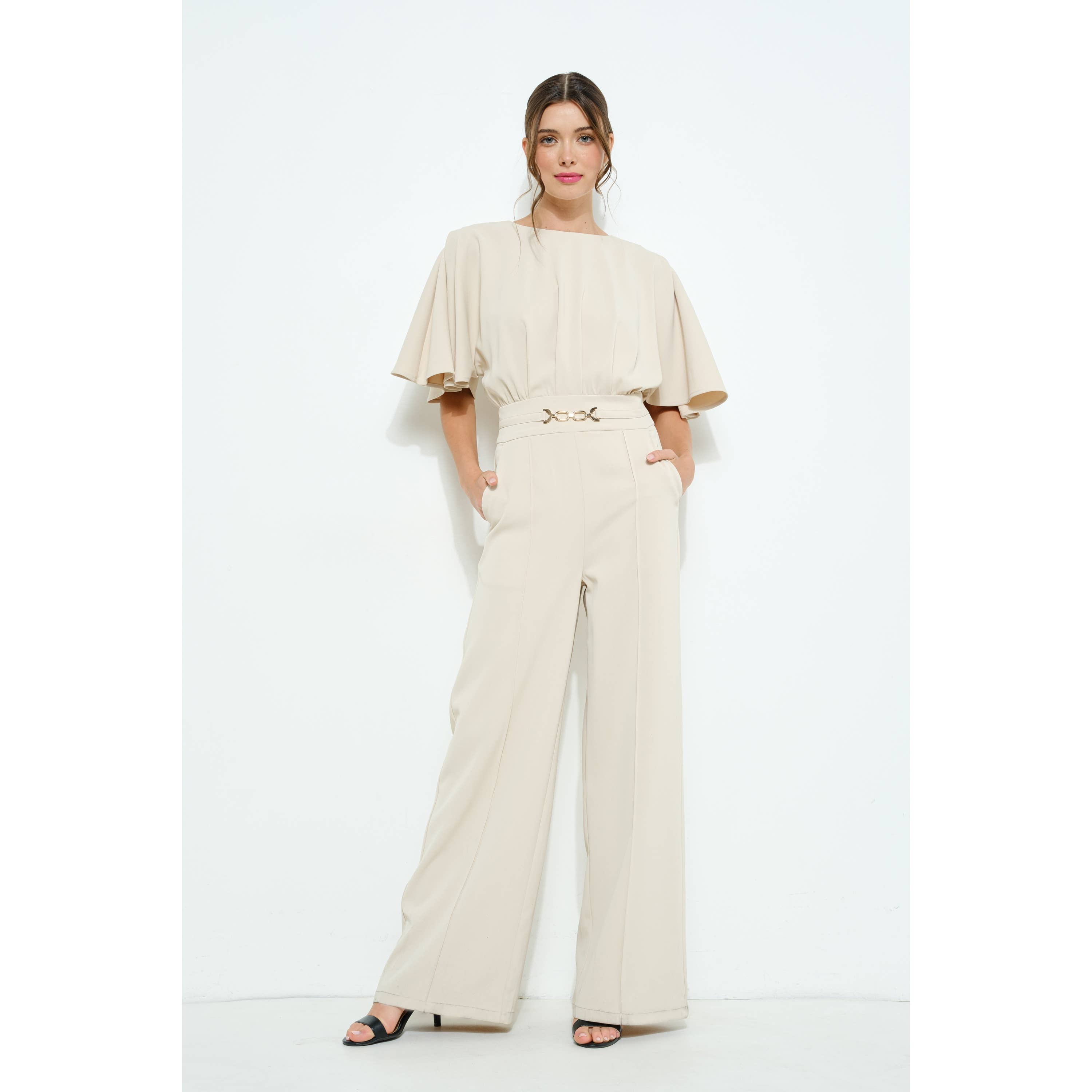 INA - Wholesale Romper - Women's - Flutter Kimino Sleeve Buckle Detail Wide Jumpsuit10