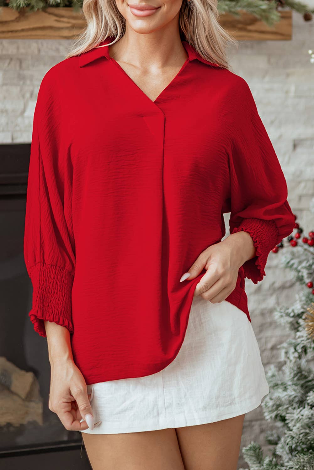 As shown Red Shirred Collared 3/4 Sleeve Oversize Tunic Top  | S-4X for wholesale on Faire7