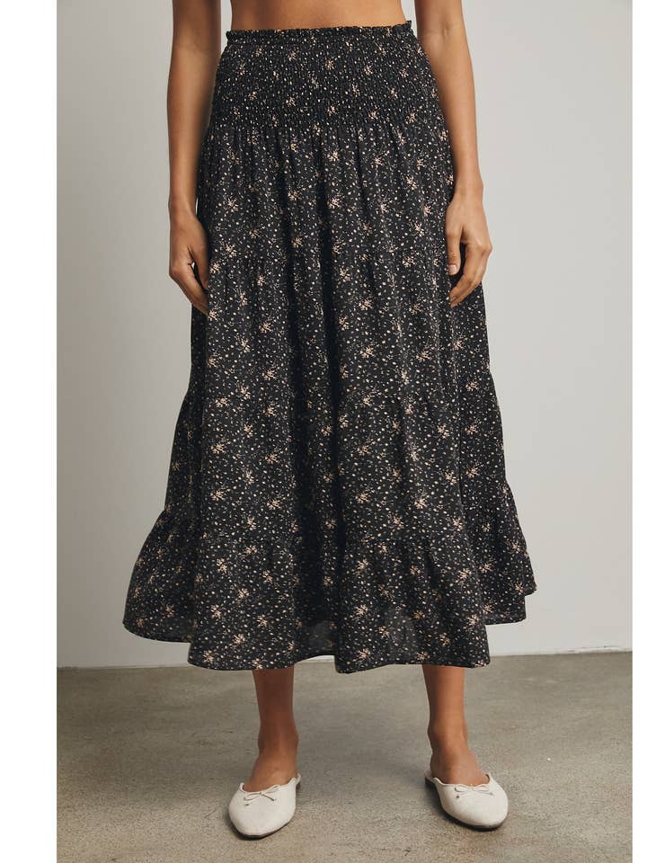 FLORAL TIERED FRONT SLIT MIDI SKIRT / WL25-12181 for wholesale by Wishlist Apparel