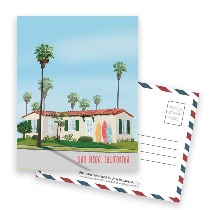Cartolina della casa sulla spiaggia di San Diego per la vendita all'ingrosso da parte di JessBecauseArtCo