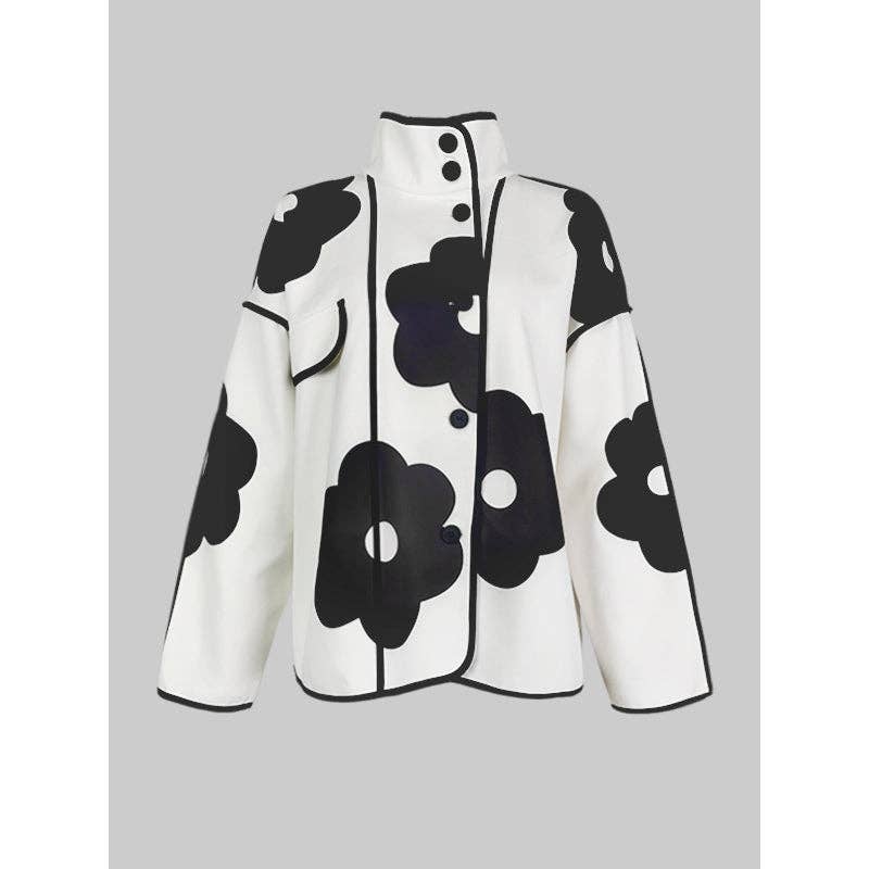 PRETO BRANCO Casaco de gola alta com manga longa, corte solto, estampa floral em cores contrastantes e abertura lateral para venda a revendedores na Faire15
