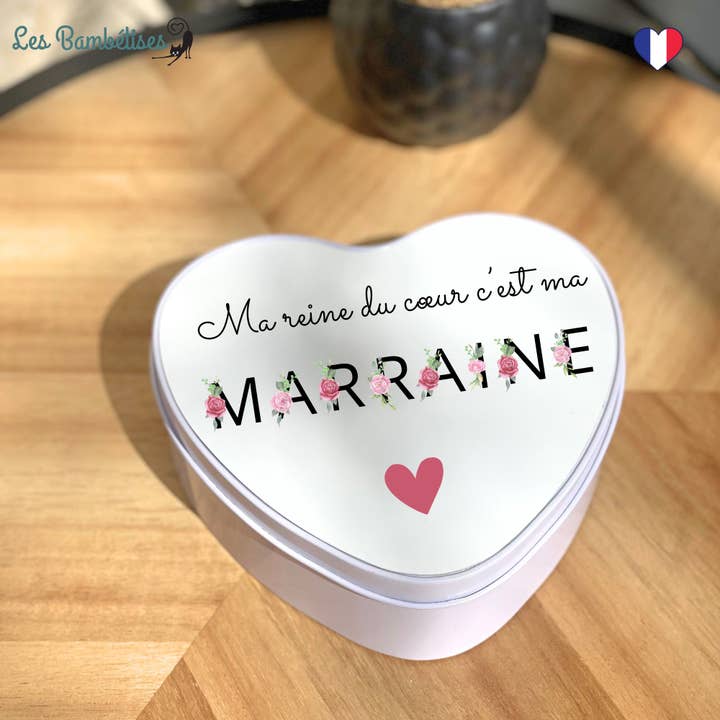 Heart-Shaped Metal Box Godmother Floral Letters for wholesale by les bambetises