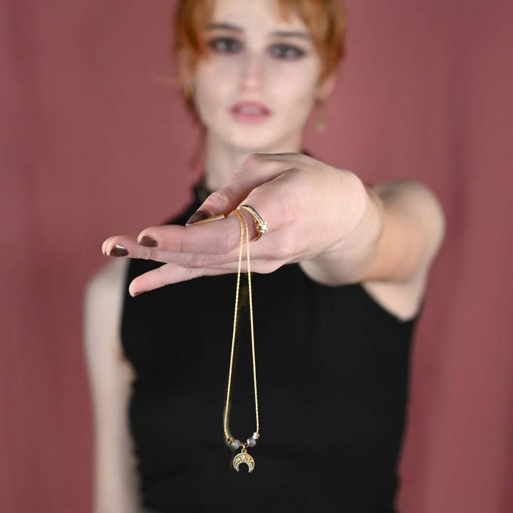 KBD Studio - Wholesale Pendant/Charm Necklace - Small Vintage Deco Pave Crescent w/ Semi Precious Stones