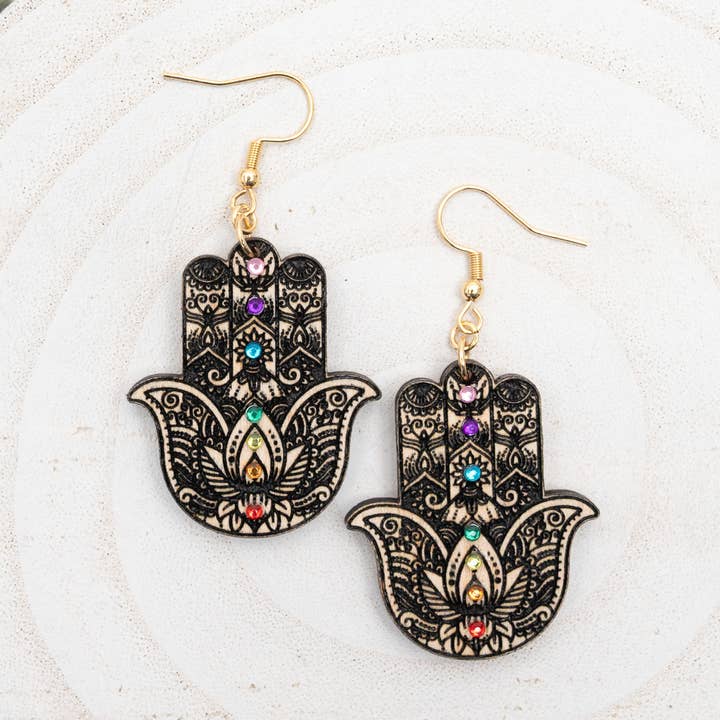 Hamsa hånd Øreringe-7 chakraer Øreringe-træ øreringe for engroshandel hos HoneyGlow Designs