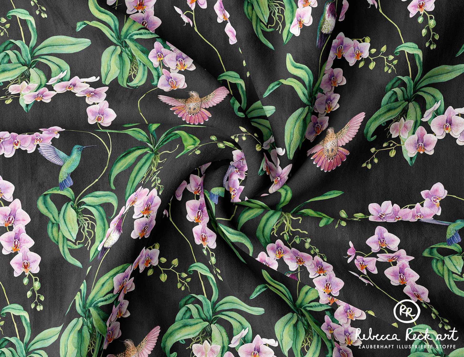 Rebecca Reck Art - Wholesale Fabric - Orchids & Hummingbirds - 10m bale of fabric1