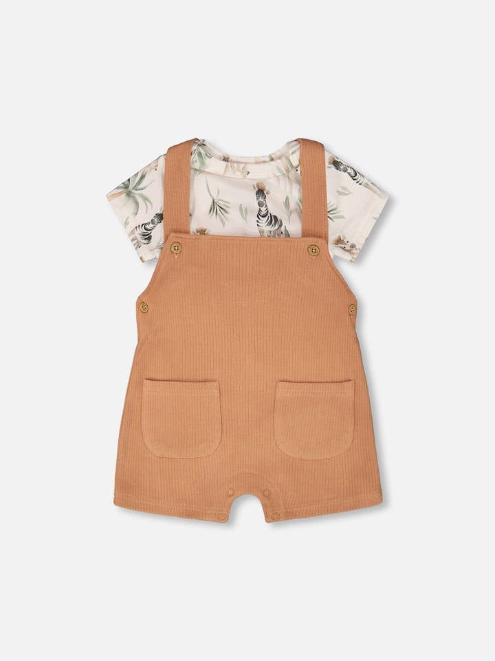 Organic Cotton Jersey Onesie And Cotton Rib Shortall Set Beige Zebra Print And Caramel
for wholesale by Deux par Deux
