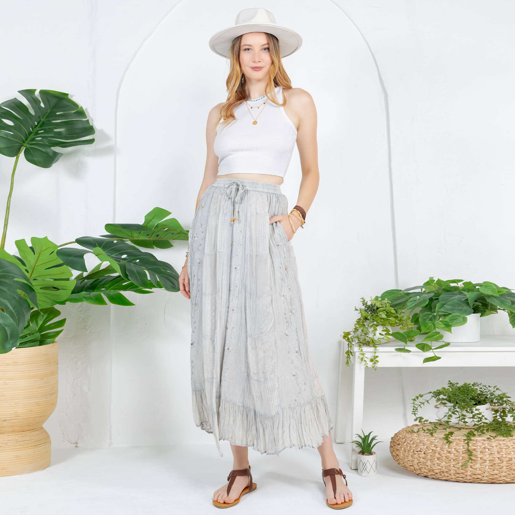 Young Threads - Wholesale Skirt - Women's - Women Patchwork Embroidered Maxi Skirt With Side Pockets14