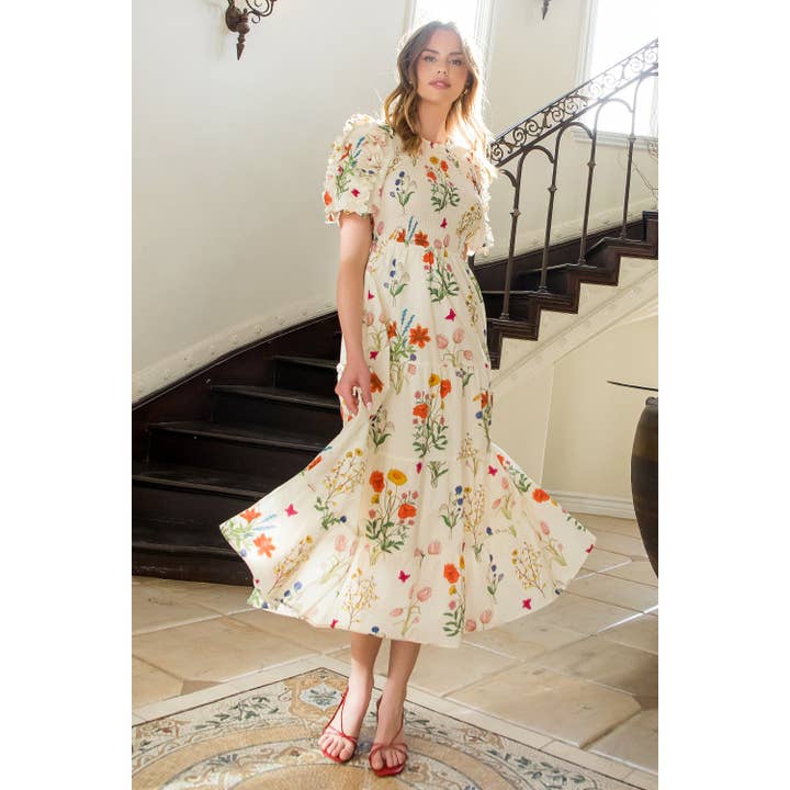 CREAM Smocked Puff Sleeve Floral Maxi Dress for wholesale on Faire