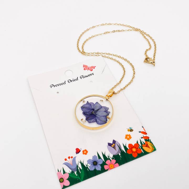 Mio Queena - Wholesale Pendant/Charm Necklace - Delphinium Pressed Dried Flower Pendant Necklace - PDF2