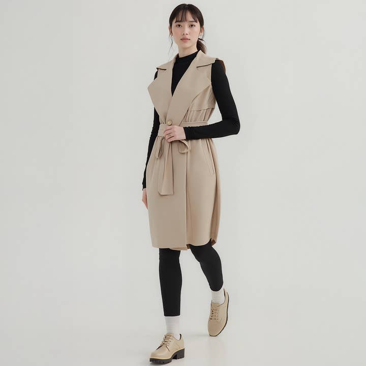 Pleione Dames Mouwloze Trench Gilet in Khaki voor wholesale door Robin K