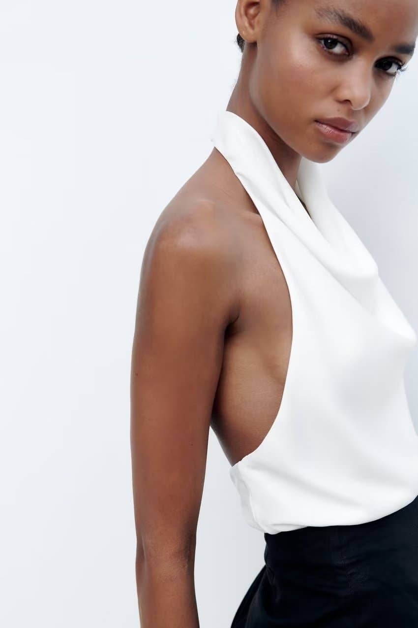 Negro Ropa de mujer para primavera/verano, halter, seda satinada, textura de satén, blusa corta, sin espalda de venta al por mayor en Faire1