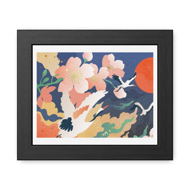 Pelican 1 - Affiche encadrée élégante avec fleurs de cerisier et grues - Art pour la décoration intérieure pour la vente par Donkey Laserbeam