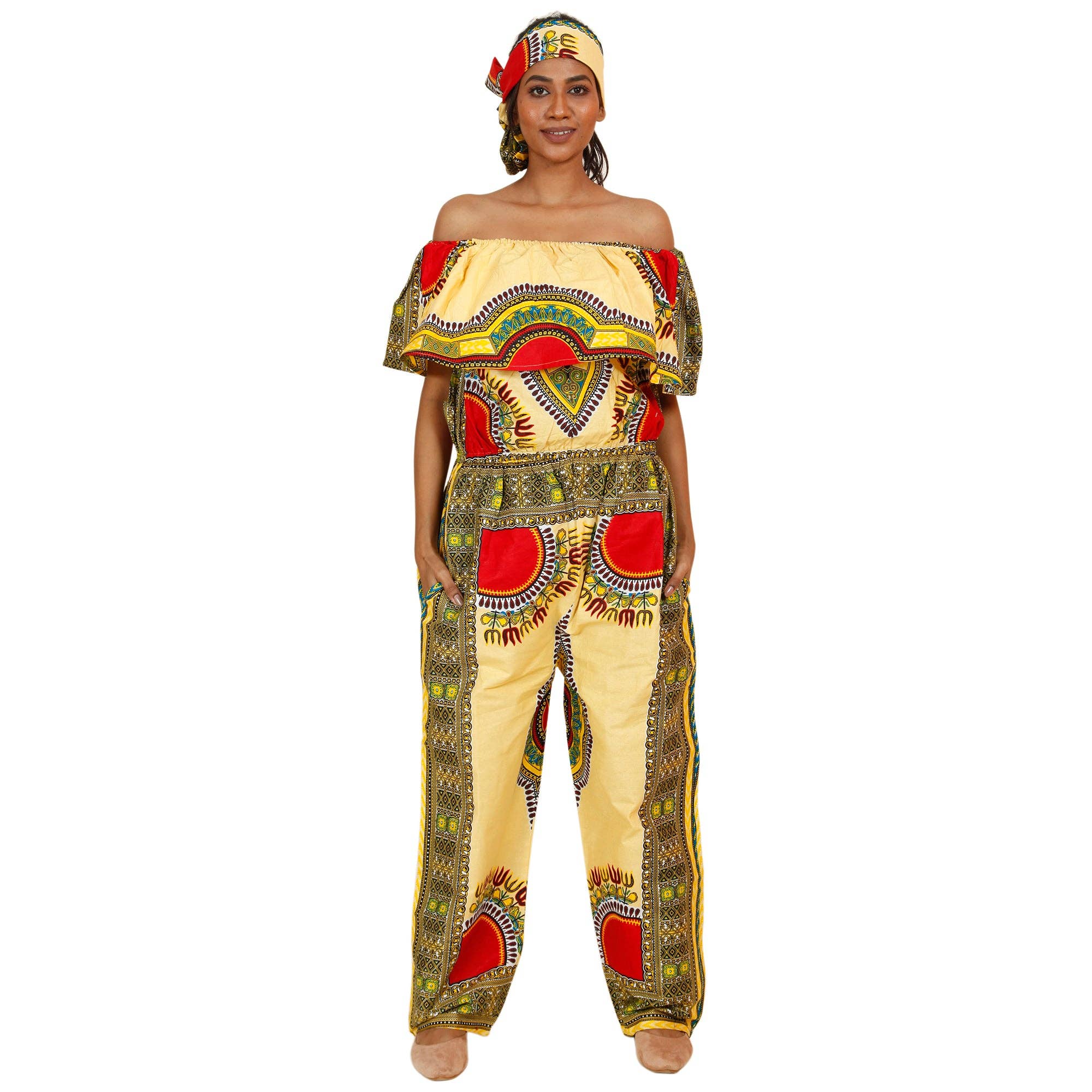 African Stars - Wholesale Jumpsuit - Women's - Women's Dashiki Off Shoulder Frill Jumpsuit -- FI-3061D7
