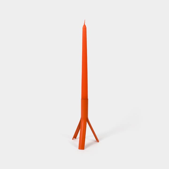 54 Celsius - Wholesale Tapered Candle/Candlestick - Taper Candles (4 Pack) + Steel Rocket Candle Holder, Orange