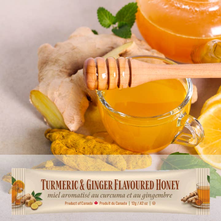 Honey Squeeze Pack - Turmeric & Ginger Flavoured - OU Kosher for wholesale by Tu-Bees Honey & Beeswax Candles